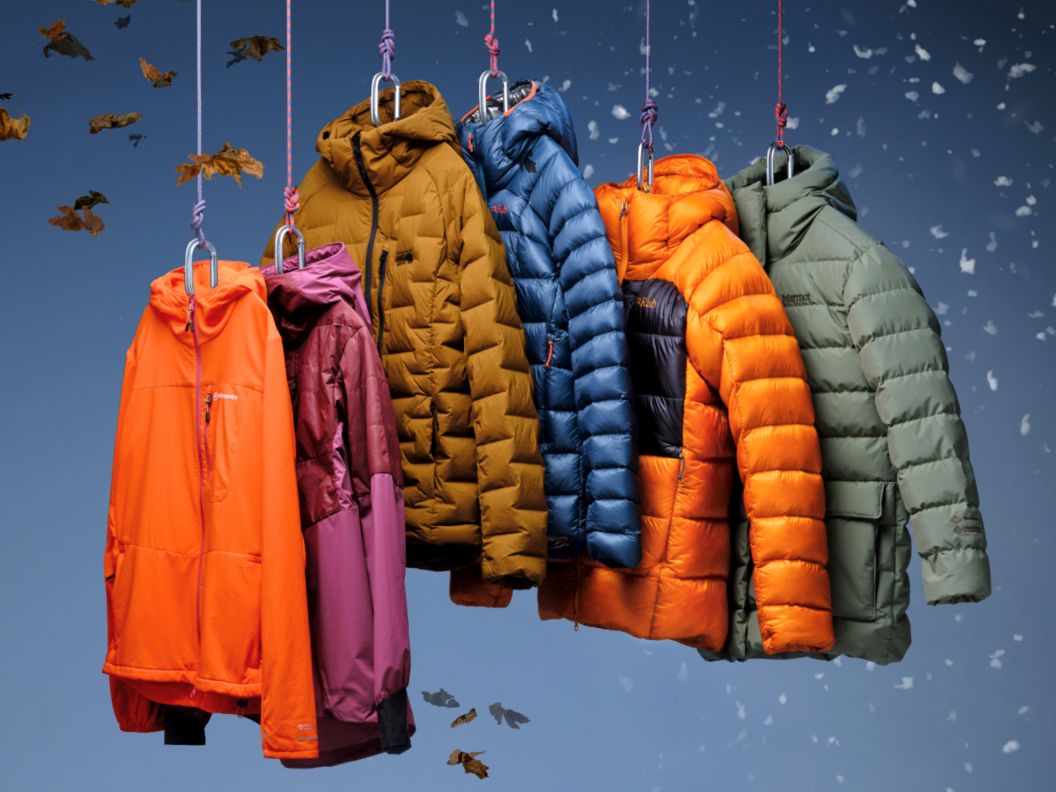Six puffy jackets in a row. 
